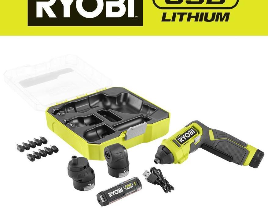 3 сменные головки для работы в труднодоступных местах. Ryobi выпустила дрель
